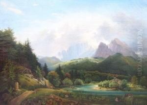 Flusslandschaft Mit Angler Und Kuhen