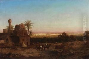 Kairo In Der Ferne Liegend, Im Vordergrund Kamelreiter by Max Schmidt