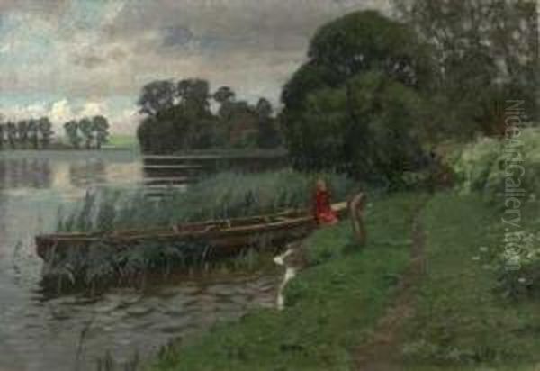 Familie Am Ufer Mit Nachen Im Schilf - view 1