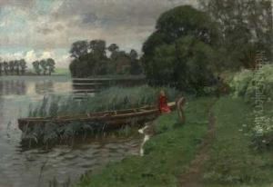 Familie Am Ufer Mit Nachen Im Schilf