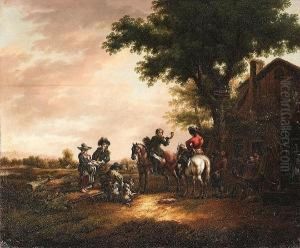 Elegant Riders Resting Beside A Fountain At The Steps Of A Large House; And Riders Taking Refreshment Beside A Country Inn by David Schmitt