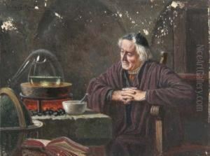Der Alchemist - Pater Vor Tisch Mit Retorte Und Morser Sowie Globus Und Aufgeschlagenem Buch Sitzend