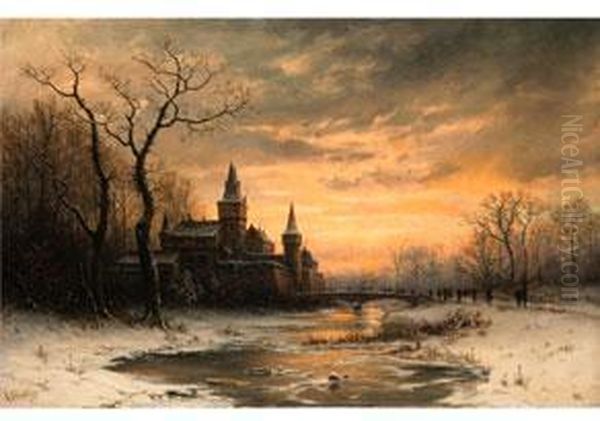 Winterlandschaft Mit Schlossgebaude, Brucke Uber Vereistem Fluss Und Einer Jagdgesellschaft - view 1