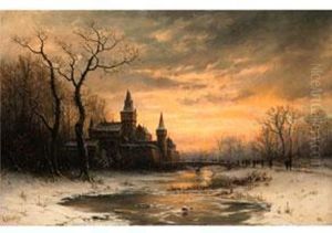 Winterlandschaft Mit Schlossgebaude, Brucke Uber Vereistem Fluss Und Einer Jagdgesellschaft