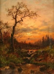 Sunset With Deer And Birds