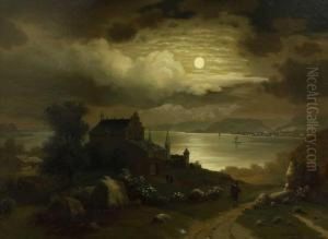 Uferlandschaft Mit Hausern Und Passanten Im Mondschein
