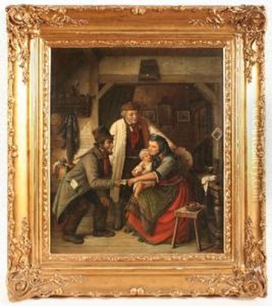 Philipp (bildnis- Und Genremaler,1824 Dusseldorf - 1887, Malte Besonders Bergische Fabrikanten Undkaufleute, Wurde Der "solinger Achenbach" Genannt) "derlosverkaufer", Genreszene Mit Einem Burgerpaar, Das Von Einem Altenverkaufer Uberredet Wird, Ol Auf Le - view 1