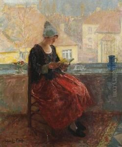 A Young Woman Reading On A Balcony by Carl Schmitz-Pleis