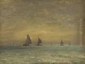Auslaufende Fischerboote In Diffusem Morgenlicht by Friedrich Philipp Schmole