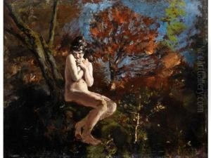 Sitzender Madchenakt Unter Herbstlichen Baumen by Leopold Schmutzler