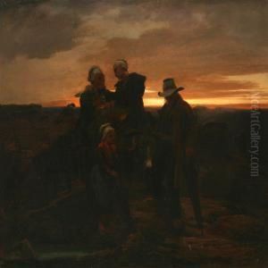Evening Withfamily Resting With Their Donkey by Amable Louis Schneider