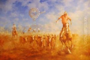 Mustering Cattle Oil On Canvas Signed Sschneider by Emile Schneider