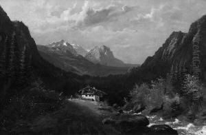 Th. "gebirgshutte Mit Wanderer". Undeutl. Sign. Ol Auf Lwd. 68,5 X 106 Cm. Rahmen