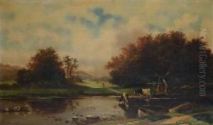 Landschap Met Koeien En Hoedster Aan De Waterkant by G. Schneider