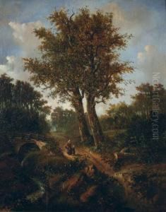 Bewaldete Landschaft Mit Einer Brucke Und Figurenstaffage. by Georg Schneider