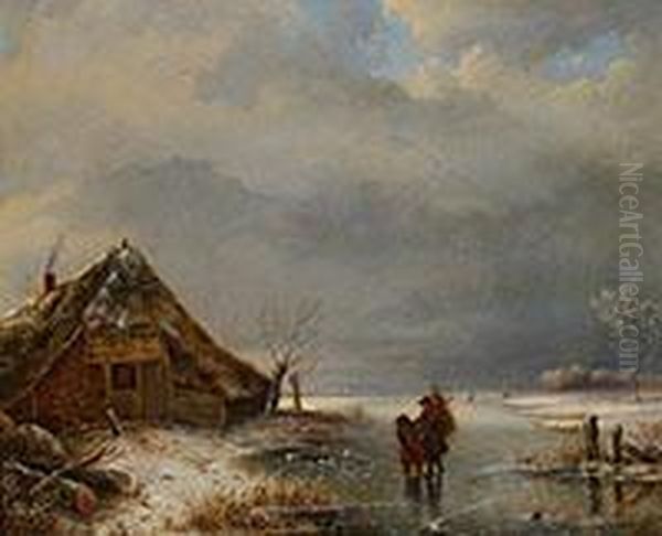Winterlandschaft Mit Strohgedeckter Hutte An Einem Zugefrorenen Fluss - view 1