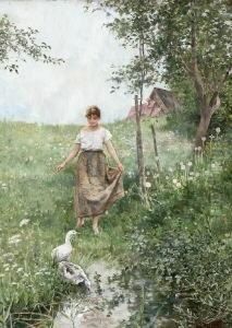 Gansehirtin Mit Gansen Am Tumpel.