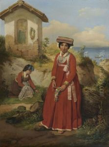 Jeune Romaine Tressant Une Couronne De Fleurs Devant Une Chapelle by Jean-Victor Schnetz