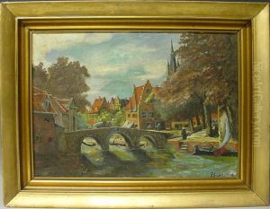 Stadtansicht Mit Steinbrucke Und Personen by Fritz Schnitzler