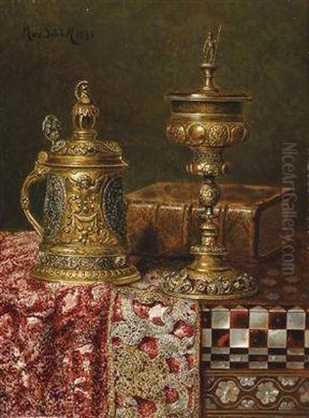 A Still Life With Pomp Vases And A Book - view 1