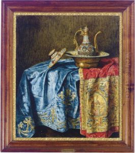 Still Life Of A Decorative Ewer And Basin On Textiles by Max Schodl