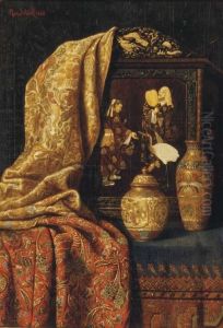 A Chinese Jar And Vase, A Painting And Fabric On A Tabletop