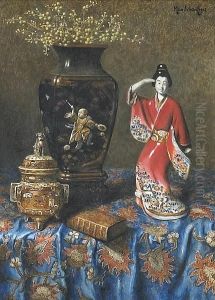 A Still Life With A Japanese Censer, Vase And Figurine by Max Schodl