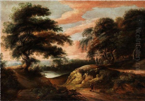 Hugelige Baumlandschaft Mit Wasserlauf Und Abendlichem Wolkenhimmel - view 1