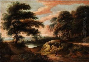 Hugelige Baumlandschaft Mit Wasserlauf Und Abendlichem Wolkenhimmel Hugelige Baumlandschaft Mit Wasserlauf Und Abendlichem Wolkenhimmel