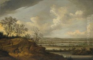 Weite Flusslandschaft Mitwanderern Und Reiter Weite Flusslandschaft Mitwanderern Und Reiter