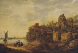 A River Estuary With Peasants On A Track, A Fortified Farmhouse Nearby And A Town Beyond A River Estuary With Peasants On A Track, A Fortified Farmhouse Nearby And A Town Beyond