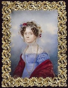 A Lady, Wearing A Blue Dress With Full Sleeves, A Gold Lorgnette, A Red Cloak Around Her Shoulders, A Lace Bonnet Decorated With Flowers