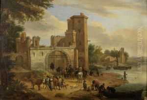 Cavaliers Et Paysans A L'entree D'un Village Pres D'un Fleuve by Mattijs Schoevaerdts