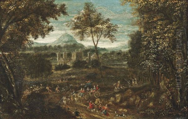 A Procession In A Wooded Landscape With A Castle And Mountains Beyond - view 1