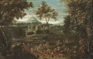 A Procession In A Wooded Landscape With A Castle And Mountains Beyond by Mattijs Schoevaerdts