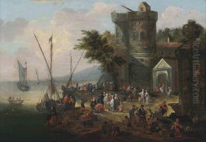 A Coastal Landscape With Elegant Company On The Shore, Shipping Beyond by Mattijs Schoevaerdts