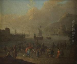 A Busy Coastal Scene With Figures And Boats In A Harbour by Mattijs Schoevaerdts