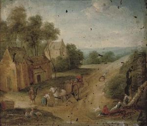 A Wooded Landscape With Figures On Horseback By A Village by Mattijs Schoevaerdts