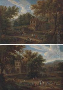 A River Landscape With Gentlemen And Peasants On A Path By Acastle; And A River Landscape With Peasants On A Path By Acottage by Mattijs Schoevaerdts