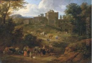 An Italianate Landscape With Travellers On A Hilly Path Near A Villa by Mattijs Schoevaerdts