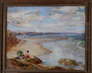 A Beach Scene With Three Female Bathers In The Foreground by John William Schofield