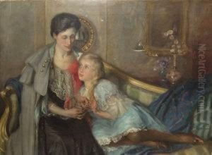 Portrait Of A Mother And Her Daughter Seated In An Interior by John William Schofield
