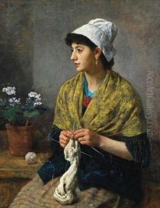 Strickendes Madchen by Otto Scholderer