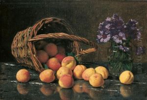 Stillleben Mit Weidenkorb, Herausrollenden Aprikosen Und Violettem Zwergasternstrauss by Otto Scholderer