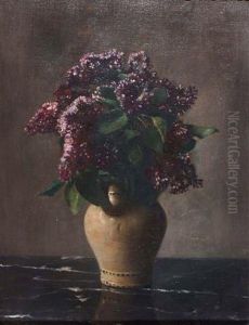 Still Life With A Vase Of Purple Lilac On A Marble Ledge by Otto Scholderer