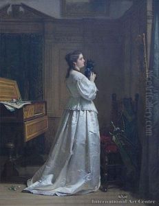 Lady In White Satin Dress With Terrier by Hendrik Jacobus Scholten
