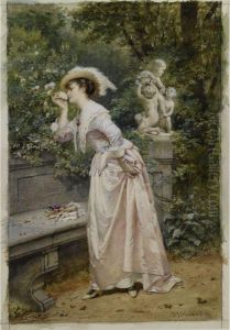 An Elegant Lady Smelling Roses by Hendrik Jacobus Scholten