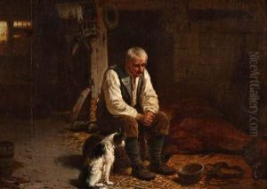Stalinterieur Met Man En Hond Bij Liggend Paard by Hendrik Jacobus Scholten