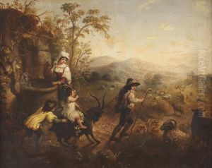 Frau Am Brunnen Mit Kindern Und Ziege by Julius Scholtz