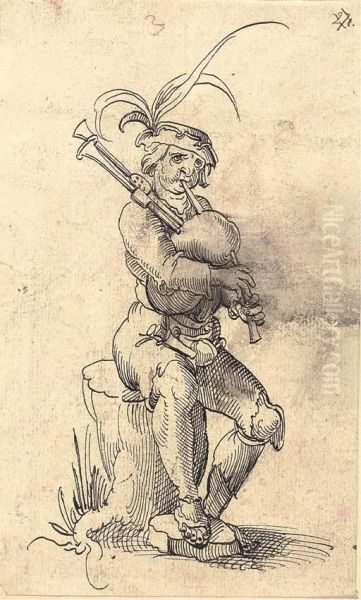 A Bagpiper Seated On A Tree Stump - view 1